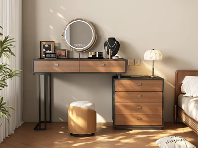 Wooden Dressing Table With Round Mirror Stool Drawers And Table Lamp 3d model
