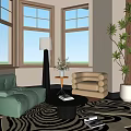 Green and Beige Accent Chairs in Living Room with Windows Plants and Patterned Rug