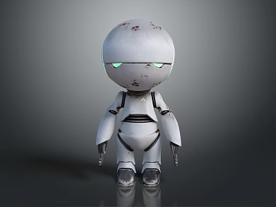 White Robot Character With Green Eyes And Scratched Body Design 3d model