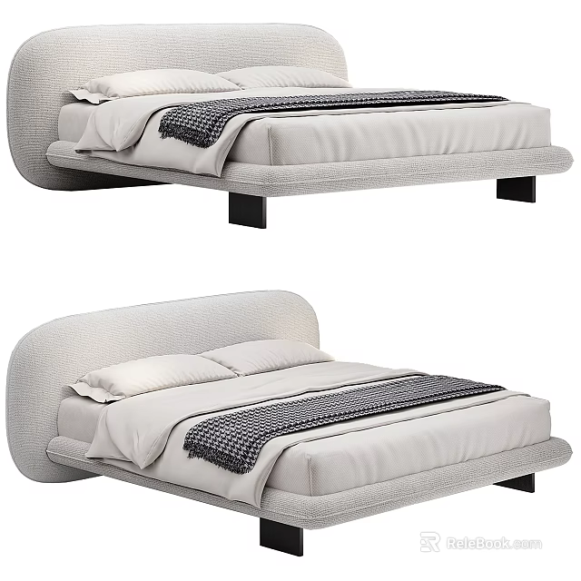 Contemporary Double Bed With White Bedding And Upholstered Headboard Design 3d model 