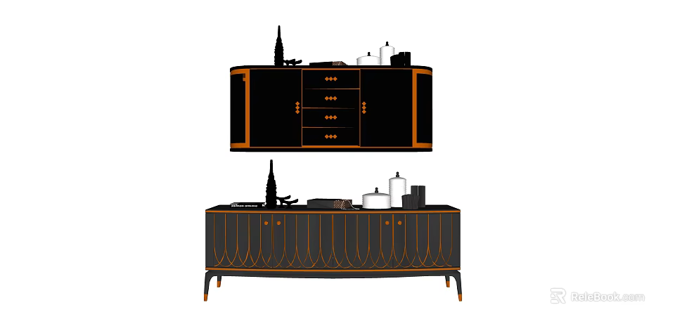 Elegant Black Entryway Cabinet And Side Cabinet With Orange Accents And Decorative Items 3d model 