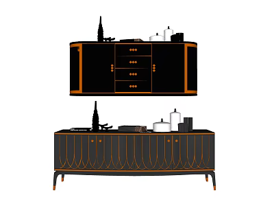Elegant Black Entryway Cabinet And Side Cabinet With Orange Accents And Decorative Items 3d model