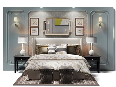 Elegant Double Bed Background Wall Design With Decorative Mirror Paintings Wall Sconces And Stools 3d model