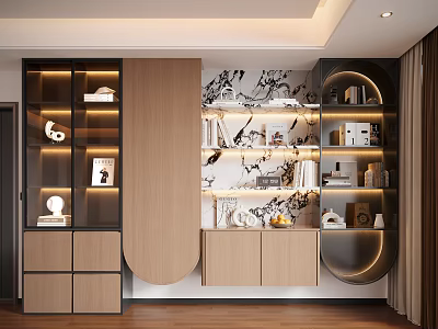 Modern Decorative Cabinet With Wooden Shelves LED Lights Decorative Items And Wall Art 3d model