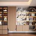 Modern Decorative Cabinet With Wooden Shelves LED Lights Decorative Items And Wall Art