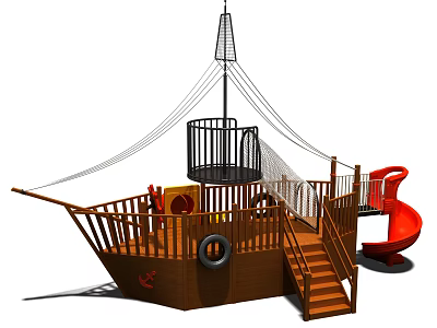 Wooden Pirate Ship Playground Equipment With Red Slide Climbing Net And Stairs 3d model