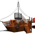 Wooden Pirate Ship Playground Equipment With Red Slide Climbing Net And Stairs