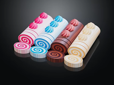 Colorful Swiss Roll Cakes With Cream Flowers On Top And Spiral Cross Sections 3d model
