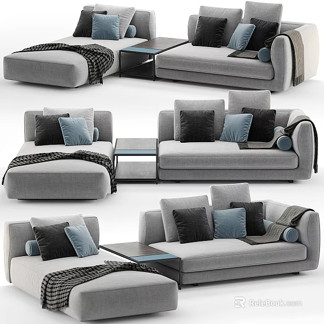 Gray Sectional Sofa With Black Blue Pillows Throw Blanket And Side Table 3d model