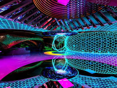 Futuristic Bar Interior With Neon Lighting Geometric Structures And Mirrored Floors 3d model