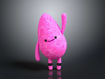 Pink Droplet Shaped Cartoon Creature With Smiling Face Raised Arm And Black Stripes Standing 3d model