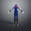 Blue And White 3D Model Costume With Red Accents And Brown Boots