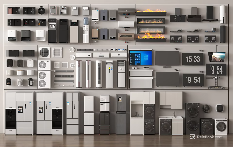 Various Home Appliances Neatly Arranged on Wall Shelves in Modern Showroom 3d model 