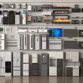 Various Home Appliances Neatly Arranged on Wall Shelves in Modern Showroom