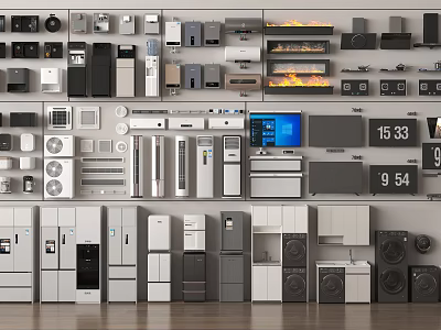 Various Home Appliances Neatly Arranged on Wall Shelves in Modern Showroom 3d model