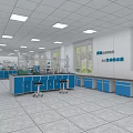 Modern Laboratory Interior With White Walls Blue Lines Blue Benches And White Tiled Floor