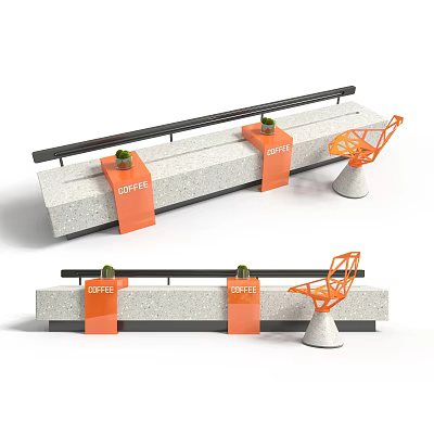 Orange Outdoor Chair With Concrete Bench And Coffee Signs Near Railing 3d model