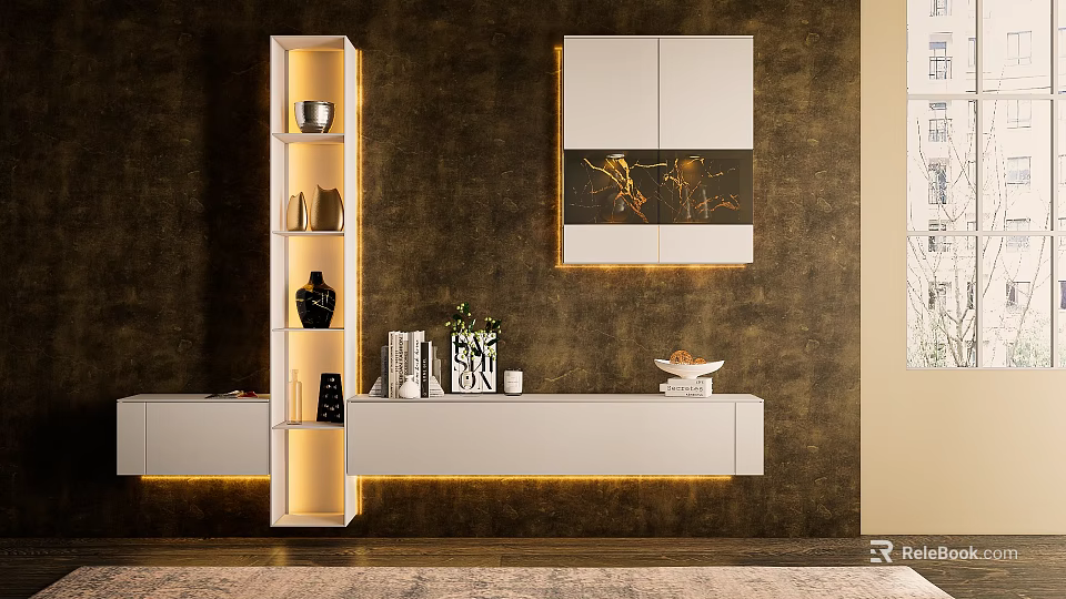 Modern TV Stand With Lighting Display Shelf And Wall Cabinet Decorative Items 3d model 