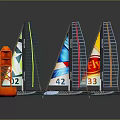 Three 3D Model Sailboats With Numbers And Colors On Sails Near Orange Tower