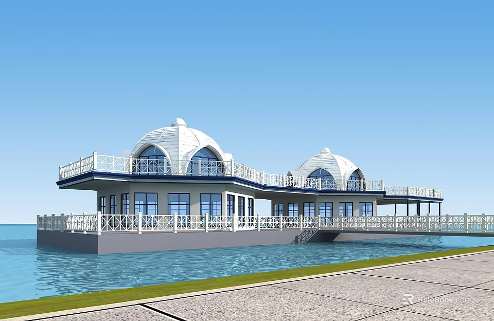 Scenic Waterfront View of Floating Building With White Domes Glass Windows and Balconies 3d model 