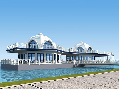 Scenic Waterfront View of Floating Building With White Domes Glass Windows and Balconies 3d model