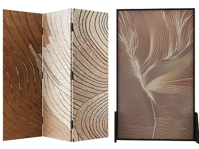 Three Panel And Single Panel Decorative Room Divider With Brown Beige Wavy Lines Leaf Patterns 3d model