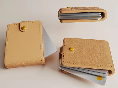 Tan Leather Card Holder Displaying Inserted Cards At Various Angles 3d model