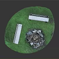 Outdoor Circular Grassy Area With Stone Fire Pit And White Benches