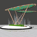 Contemporary Curved Pergola With Mosaic Grid Top Slender Metal Pillars White Spheres On Green Lawn