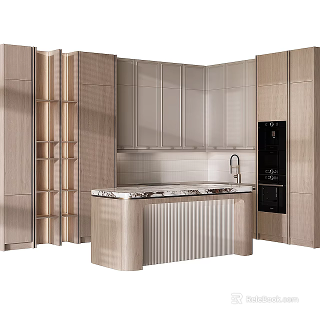 Modern Kitchen Interior With Light Cabinets Marble Island And Black Appliances 3d model 