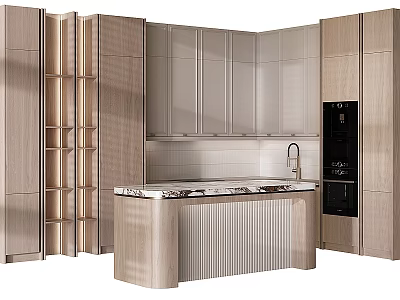 Modern Kitchen Interior With Light Cabinets Marble Island And Black Appliances 3d model
