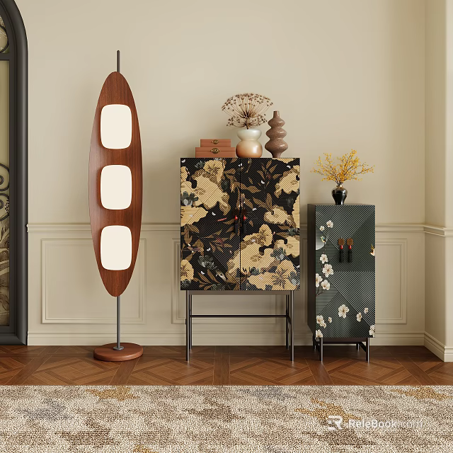 Elegant Floral Patterned Decorative Cabinet With Floor Lamp Vase And Decorative Items On Wooden Floor 3d model 