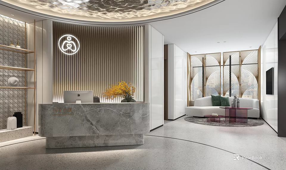 Hospital Outpatient Clinic Modern Interior With Marble Reception Desk Sofa Waiting Area And Decorative Plants 3d model 