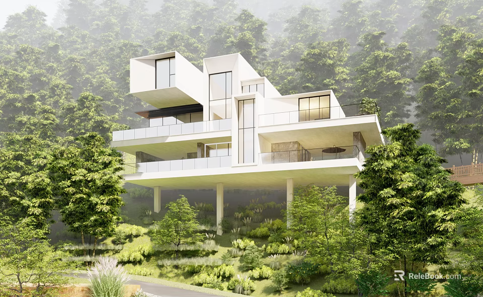 Modern Detached Villa Surrounded by Lush Trees with White Exterior Large Windows and Balconies 3d model 