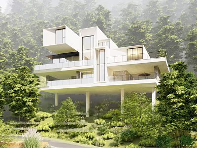 Modern Detached Villa Surrounded by Lush Trees with White Exterior Large Windows and Balconies 3d model