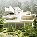Modern Detached Villa Surrounded by Lush Trees with White Exterior Large Windows and Balconies