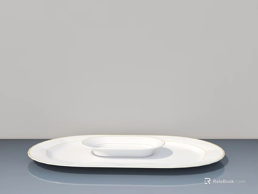 White Oval Tray With Small Bowl On Dark Blue Dining Table Against Light Gray Wall 3d model 