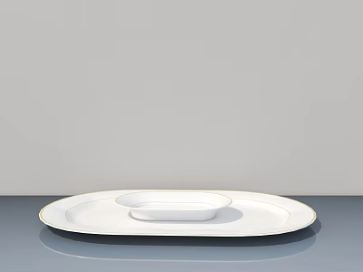 White Oval Tray With Small Bowl On Dark Blue Dining Table Against Light Gray Wall 3d model