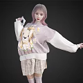 Pink haired woman wearing purple sweater with cartoon rabbit print white sleeves and plaid skirt