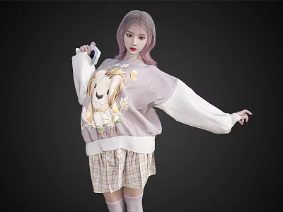 Pink haired woman wearing purple sweater with cartoon rabbit print white sleeves and plaid skirt 3d model