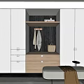 Modern Wardrobe Interior Design With White Cabinetry Wooden Drawers Bench Blanket And Plant