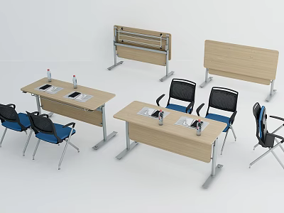 Wooden Office Work Desks With Black Blue Chairs And Stationery Items 3d model