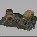 Two Vintage Military Jeep Models In Green And Brown On Rocky Display Base