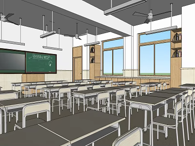 Well Equipped Spacious School Classroom With Blackboard Desks Chairs Windows And Bookshelves 3d model