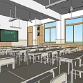 Well Equipped Spacious School Classroom With Blackboard Desks Chairs Windows And Bookshelves