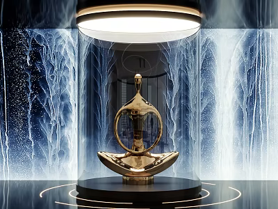Golden Sculpture Carving On Black Pedestal With Blue Water Pattern Background And Circular Lighting 3d model