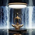 Golden Sculpture Carving On Black Pedestal With Blue Water Pattern Background And Circular Lighting