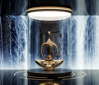 Golden Sculpture Carving On Black Pedestal With Blue Water Pattern Background And Circular Lighting 3d model