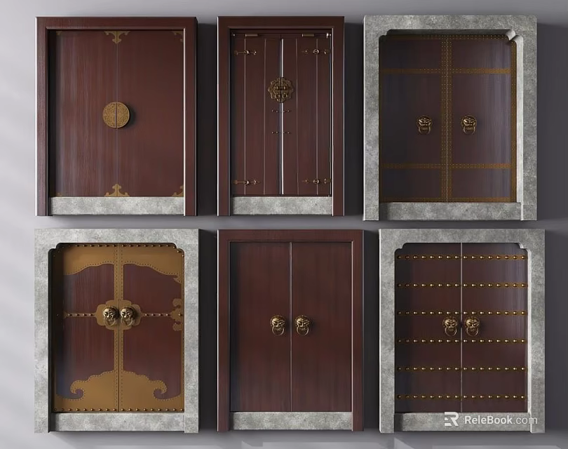 Dark Brown Double Doors With Gold Accents And Gray Stone Frames Design 3d model