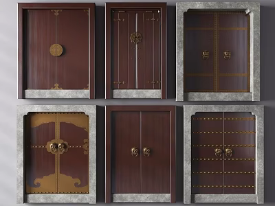 Dark Brown Double Doors With Gold Accents And Gray Stone Frames Design 3d model